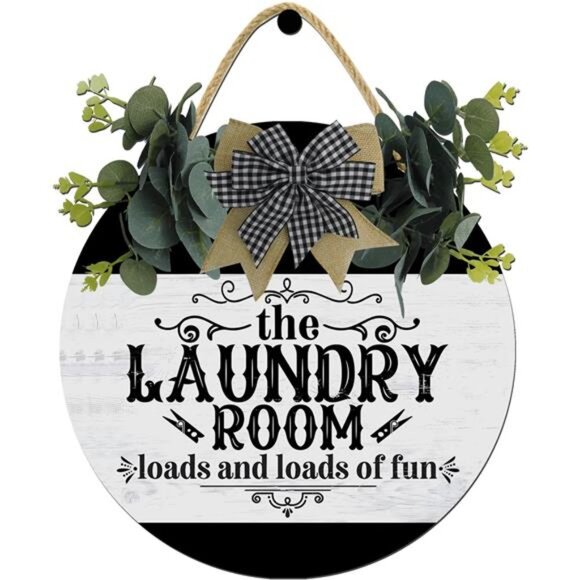 Laundry Room Loads Of Fun Sign,Weird Decor,Rustic Round‎ Wooden Wreath,New Home - Picture 1 of 8
